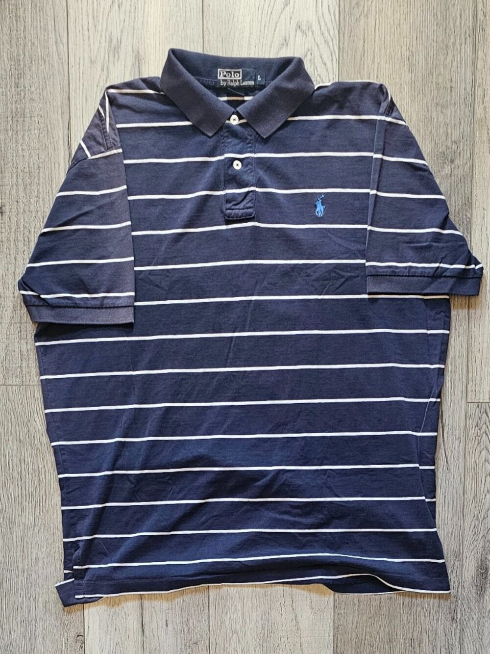 Vintage Polo Ralph Lauren Men's Large Striped Polo Shirt Navy Blue